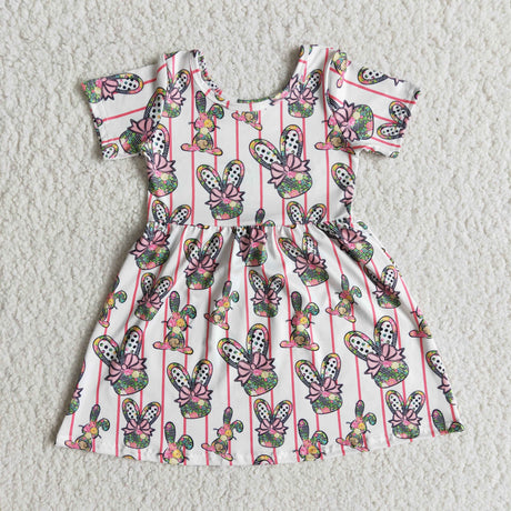 Floral bunny print short sleeve baby girls easter dresses