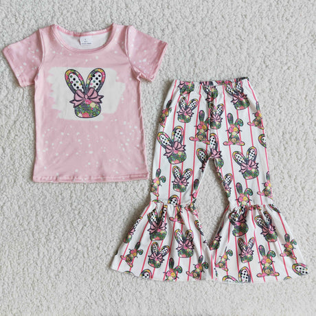 Short sleeve bleached shirt bunny bell bottom pants girls easter outfits
