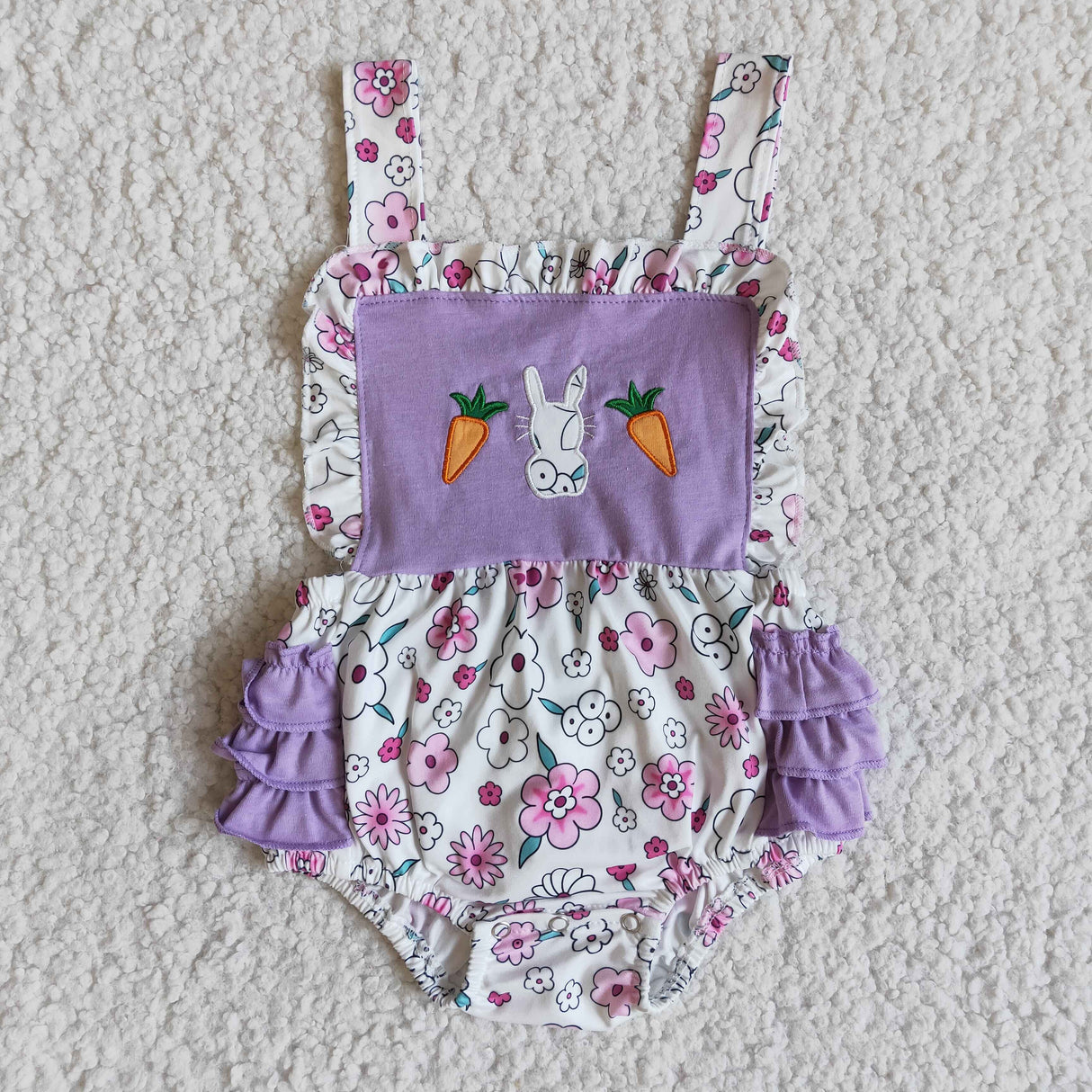 Floral bunny carrot embroidery romper baby girls easter bubbles