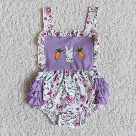 Floral bunny carrot embroidery romper baby girls easter bubbles