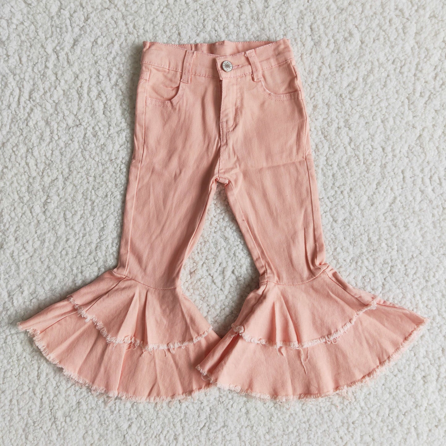 Pink color adjustable waistband ruffle bell bottom denim pants
