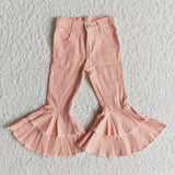 Pink color adjustable waistband ruffle bell bottom denim pants