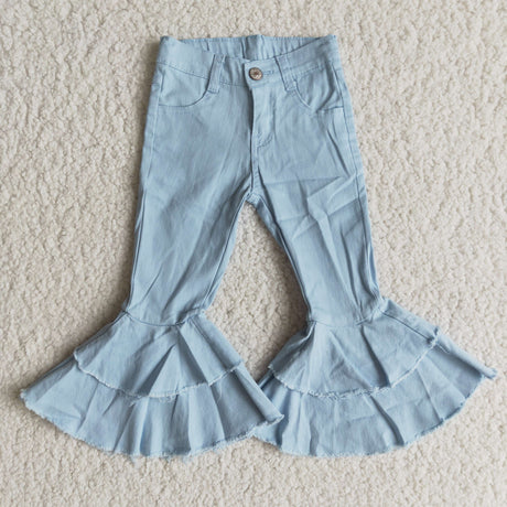 Sky blue color adjustable waistband ruffle bell bottom denim pants
