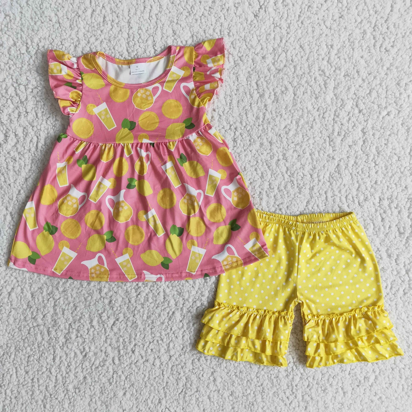 Lemon flutter sleeve polka dots ruffle shorts girls summer outfits