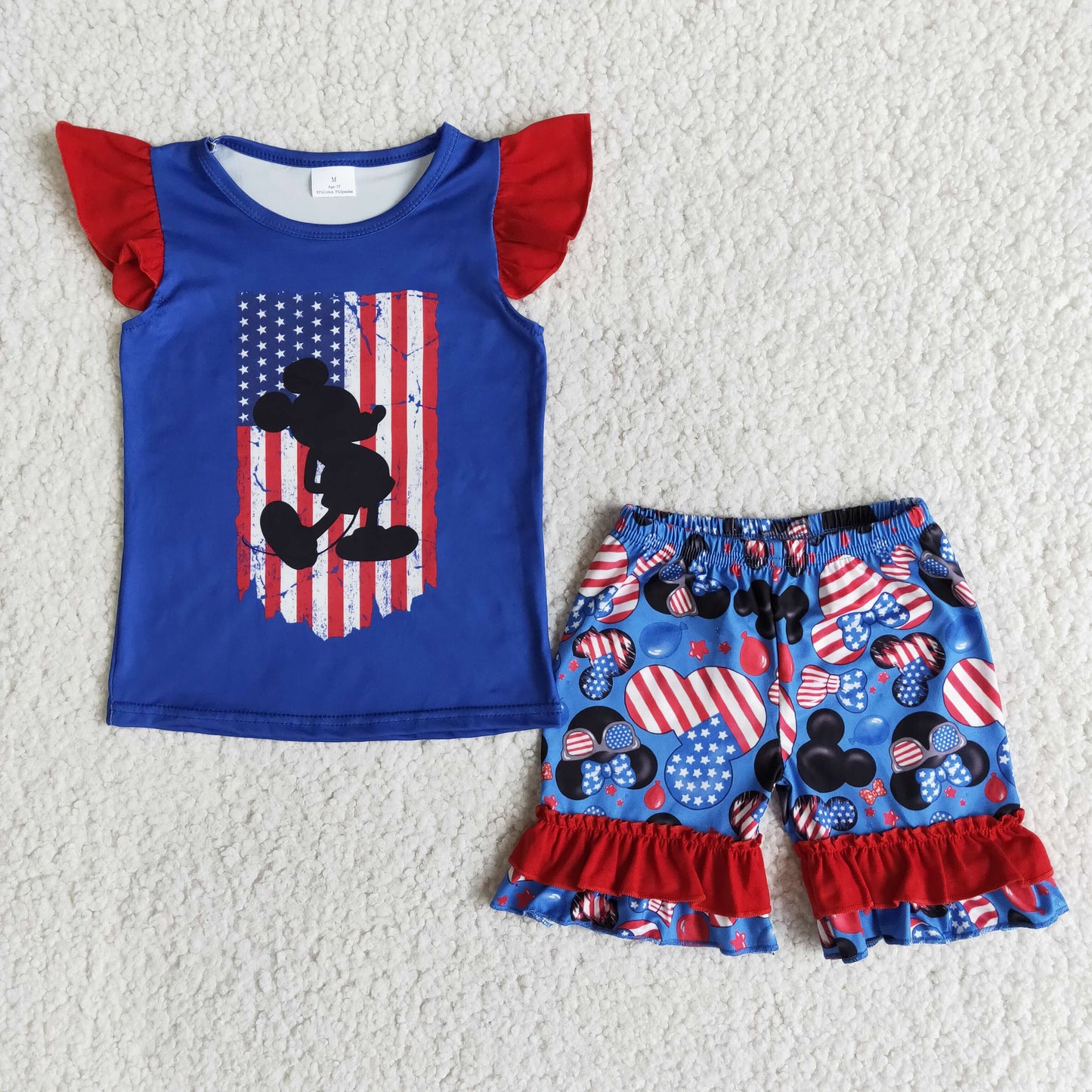 Flutter sleeve mouse shirt ruffle pants kids girls 4th of july outfits