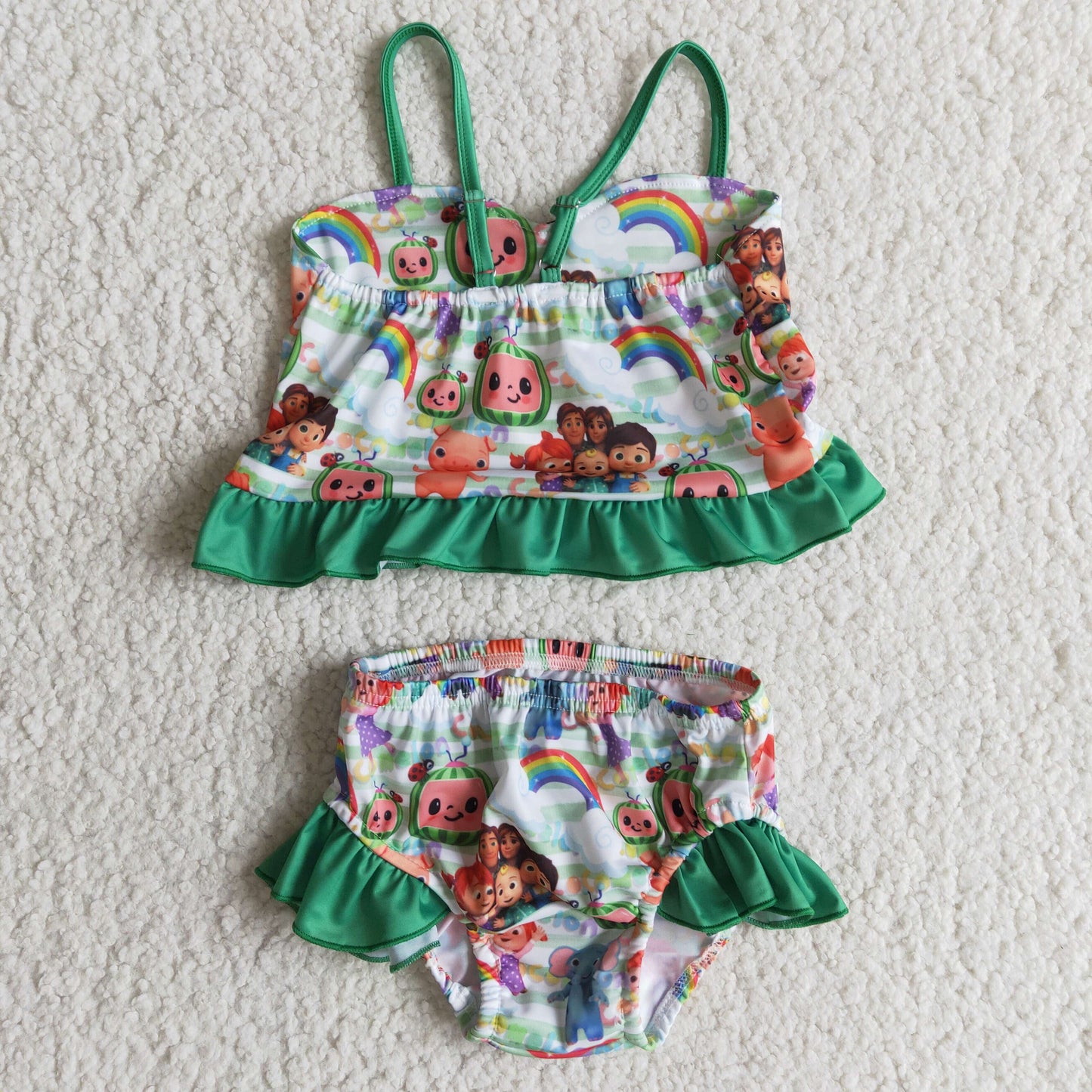 Green ruffle cute melon print toddler girls summer swimsuit