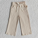 Khaki stripe cotton elastic waistband pants
