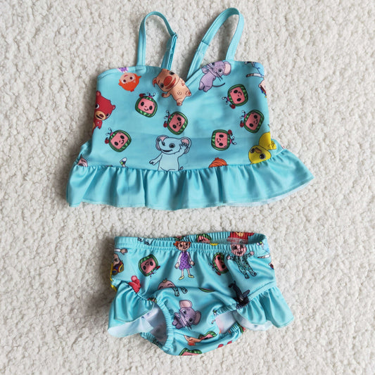 Blue ruffle melon print toddler girls summer swimsuit