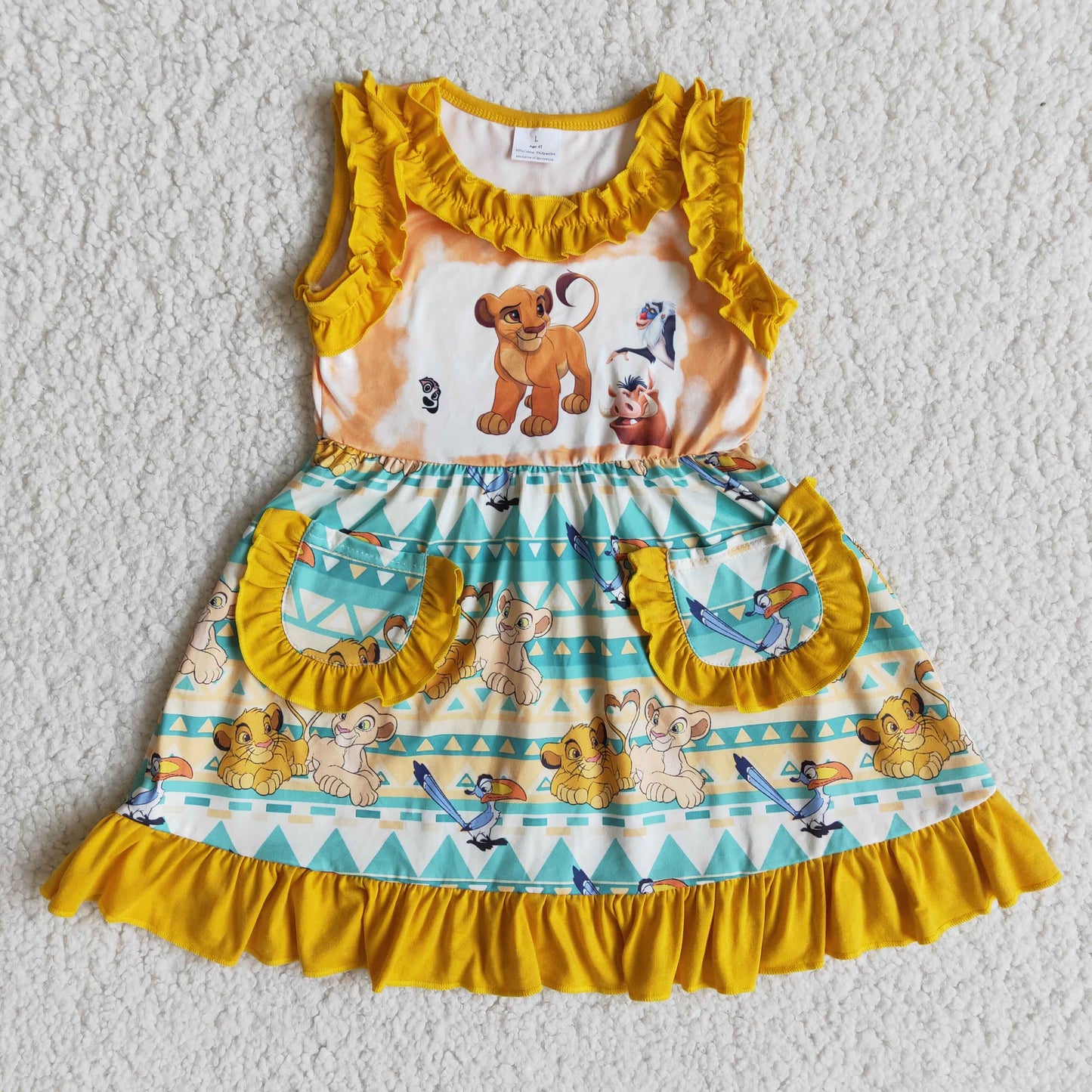 Ruffle sleeveless two pockets baby girls lion dresses