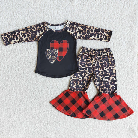 Heart print leopard sleeve bell bottom pants girls valentine's outfits