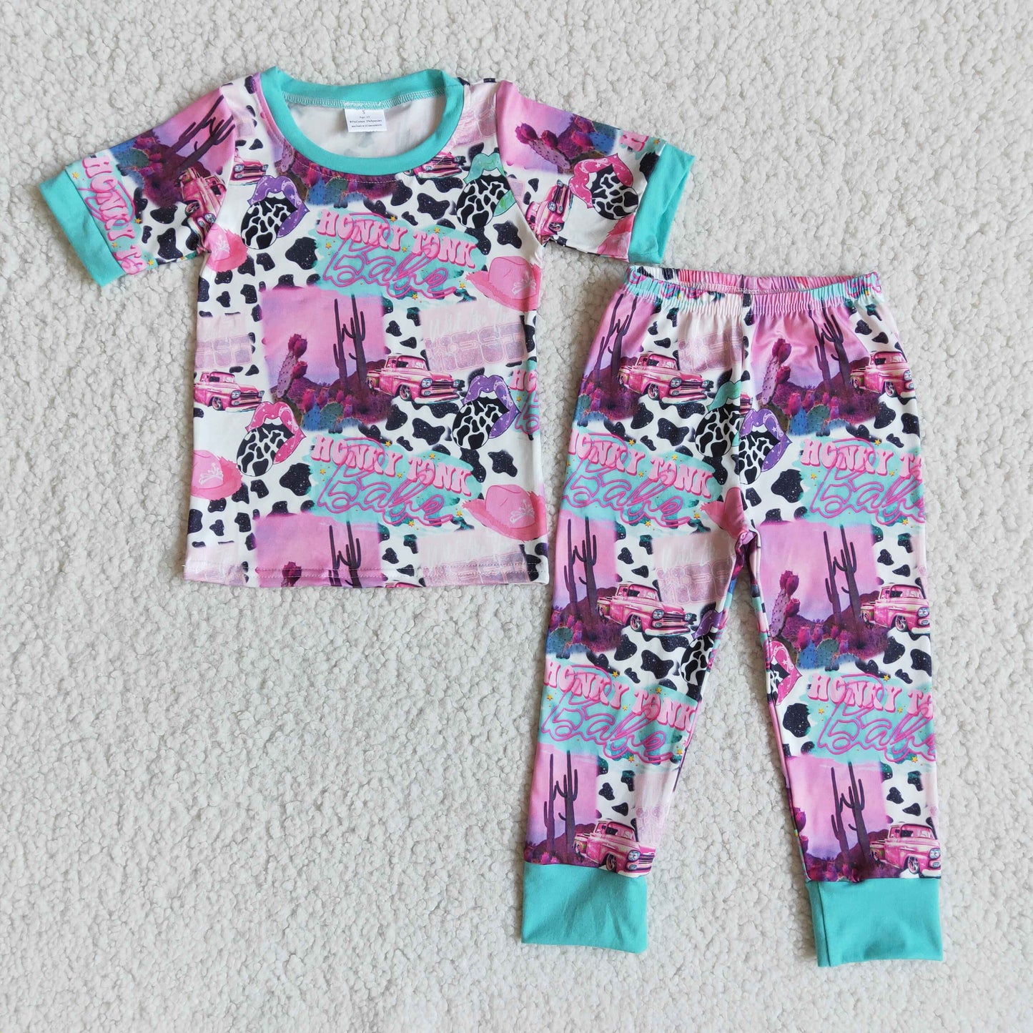 Cactus truck tounge print short sleeve girls pajamas