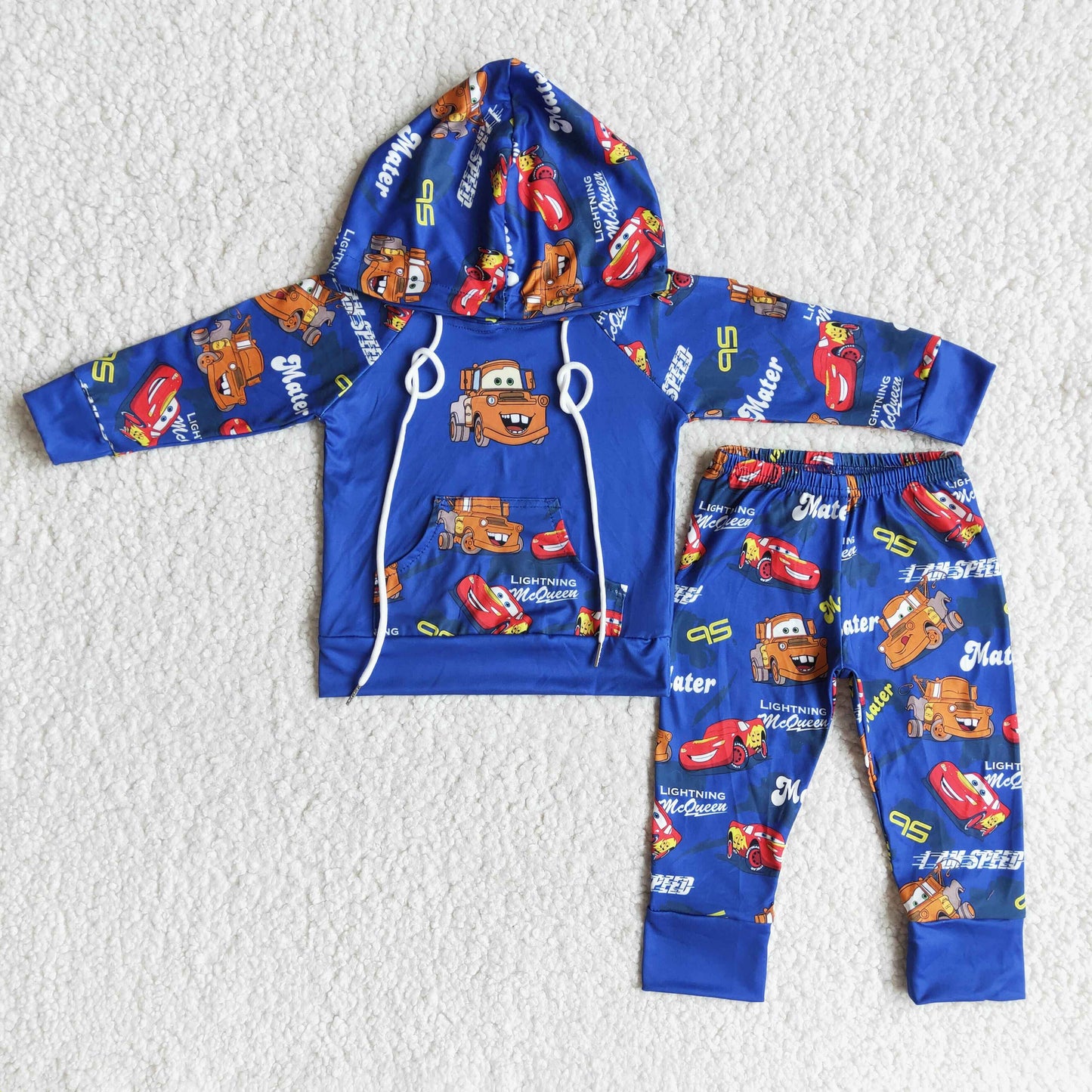 Car print blue long sleeve boy hoodie set