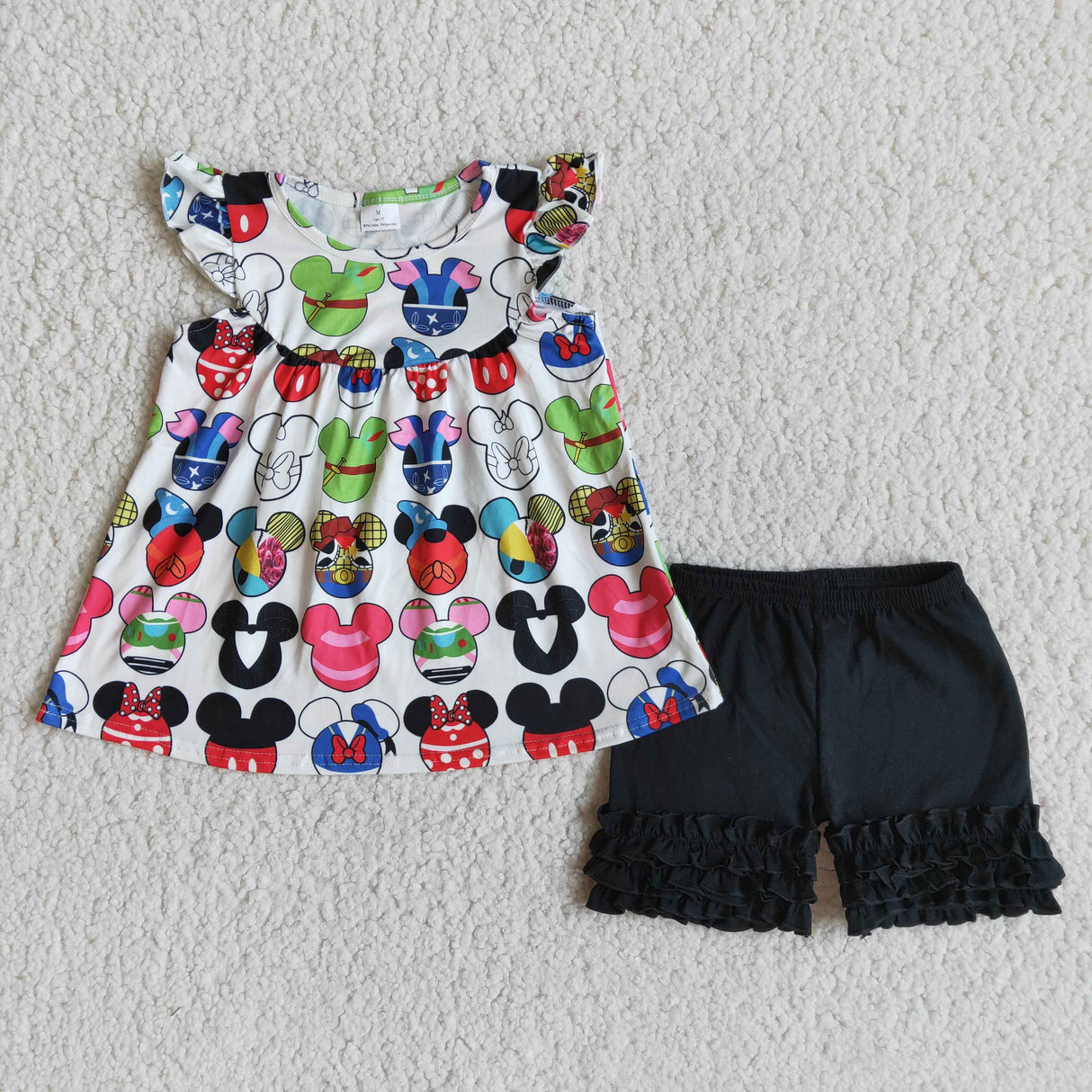 Flutter sleeve mouse tunic black icing ruffle shorts girls summer outfits