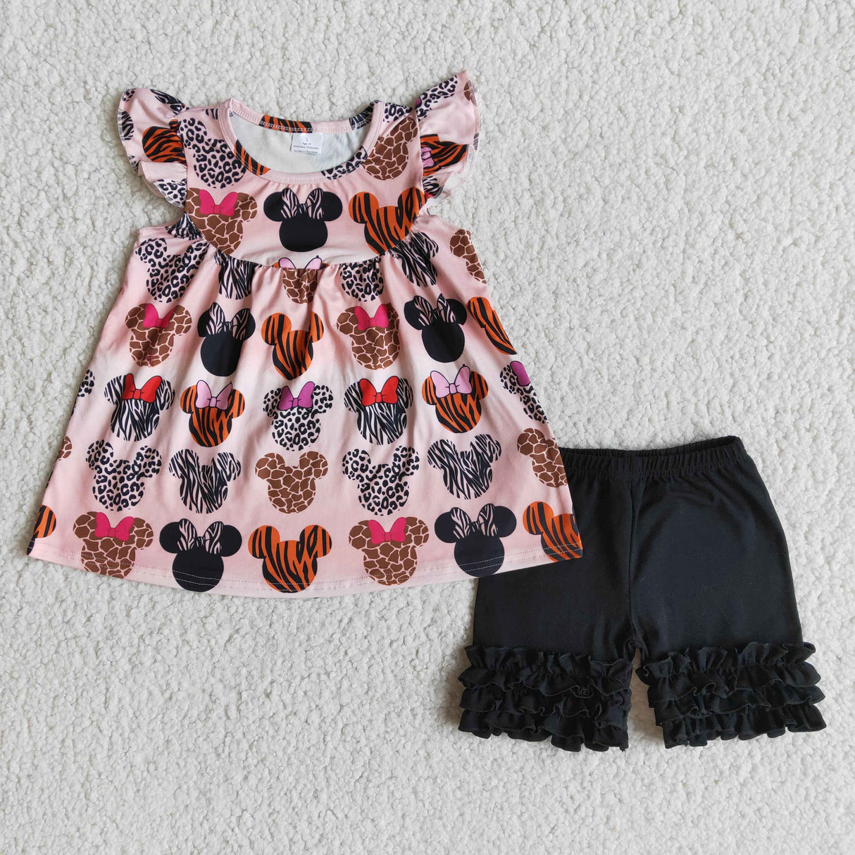 Animal print flutter sleeve pearl shirt icing ruffle shorts girls summer clothes