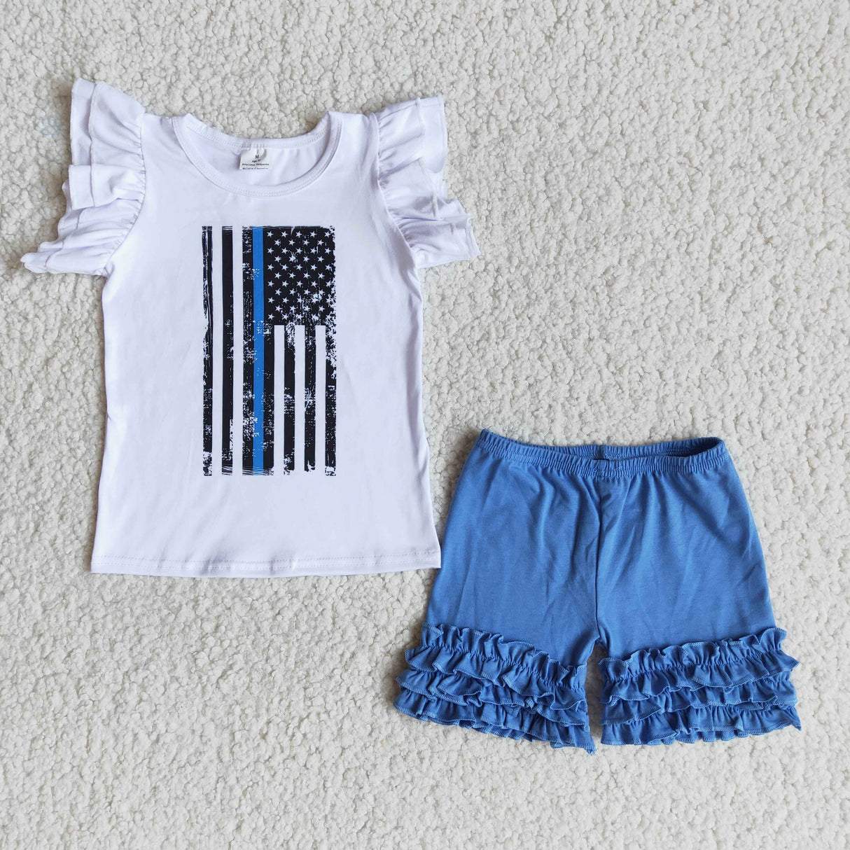 White ruffle sleeve flag shirt blue icing ruffle shorts girls police support clothing