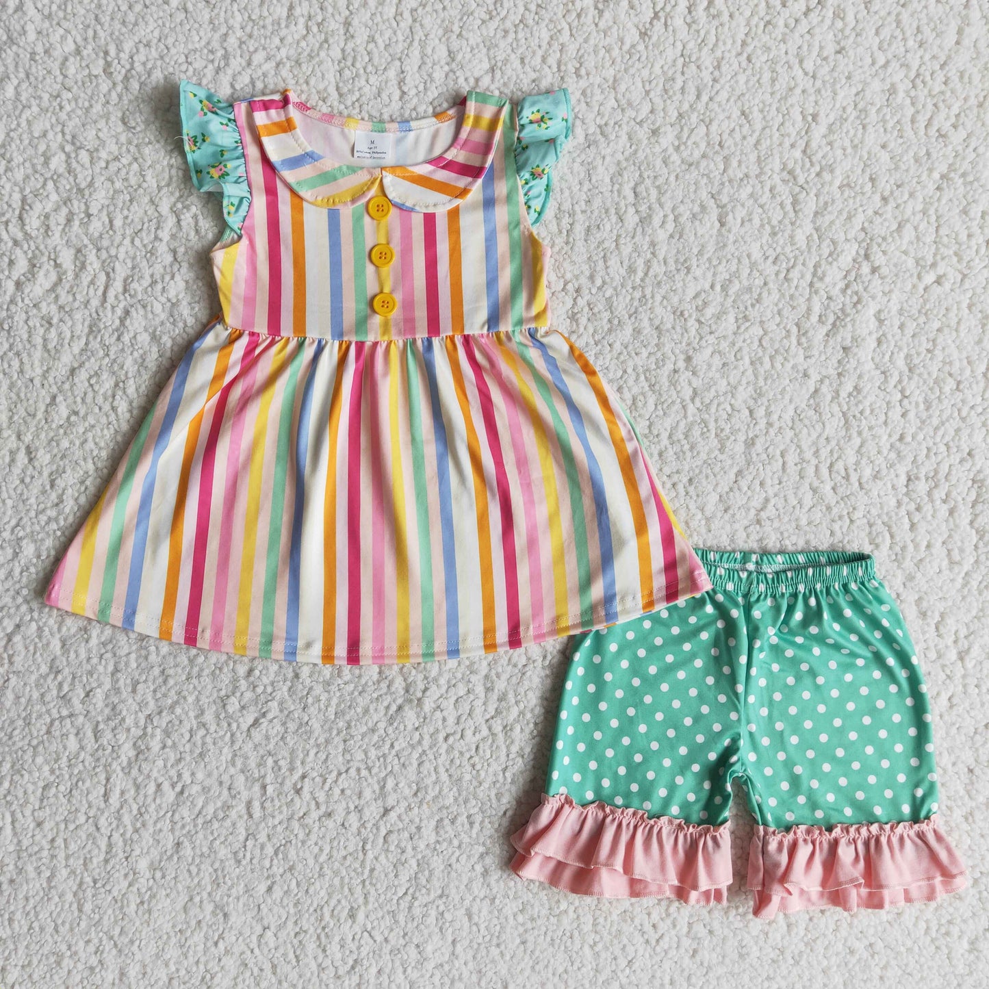 Cute collar colorful stripe tunic polka dots ruffle shorts girls summer clothing