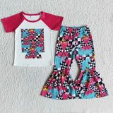 Short sleeve flag print shirt bell bottom pants girls clothes