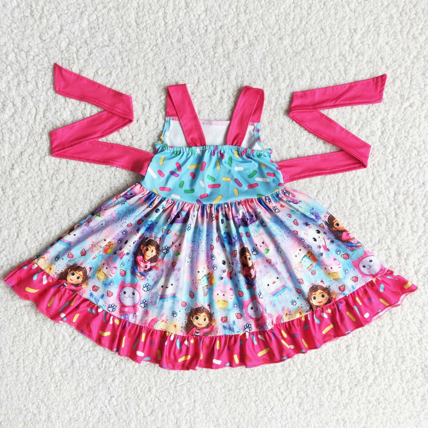 Sleeveless belt cat print baby girls twirl summer dresses