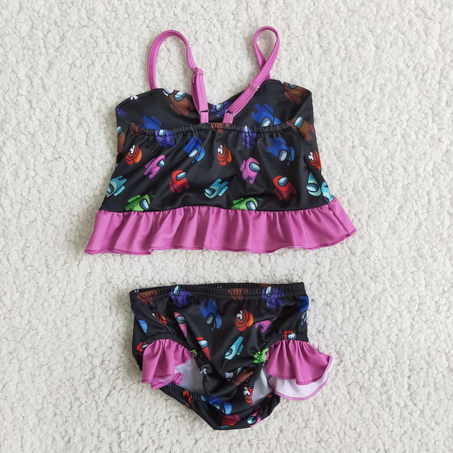 Hot pink ruffle black game print baby girls summer swimsuit