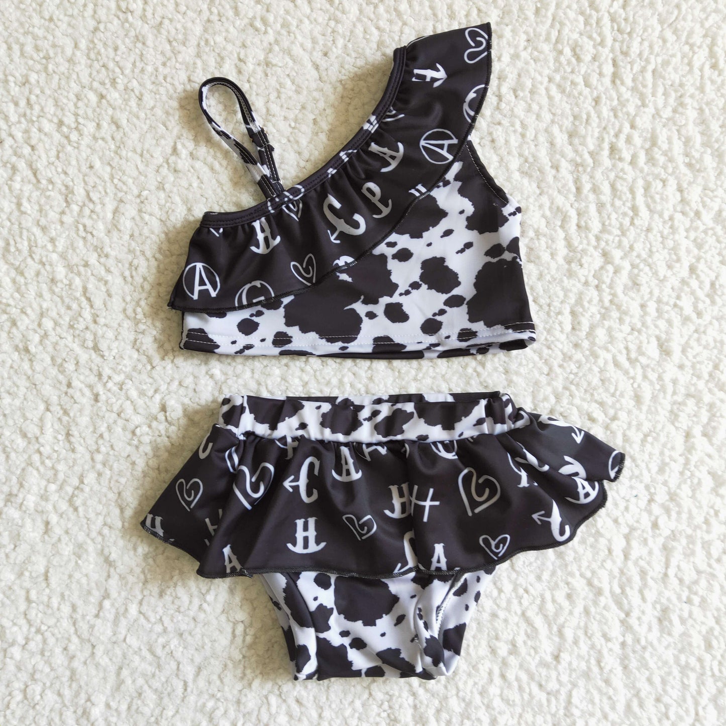 Letters cow print baby girls ruffle swimsuit