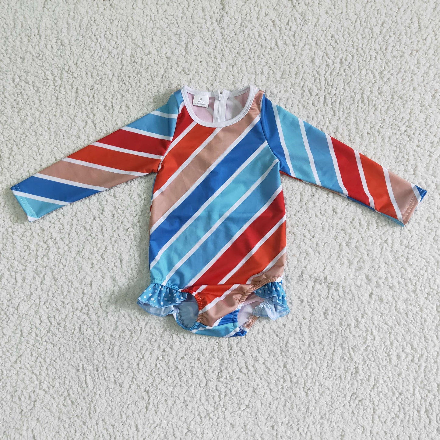 Blue red kahki white stripe long sleeve baby girls swimsuit