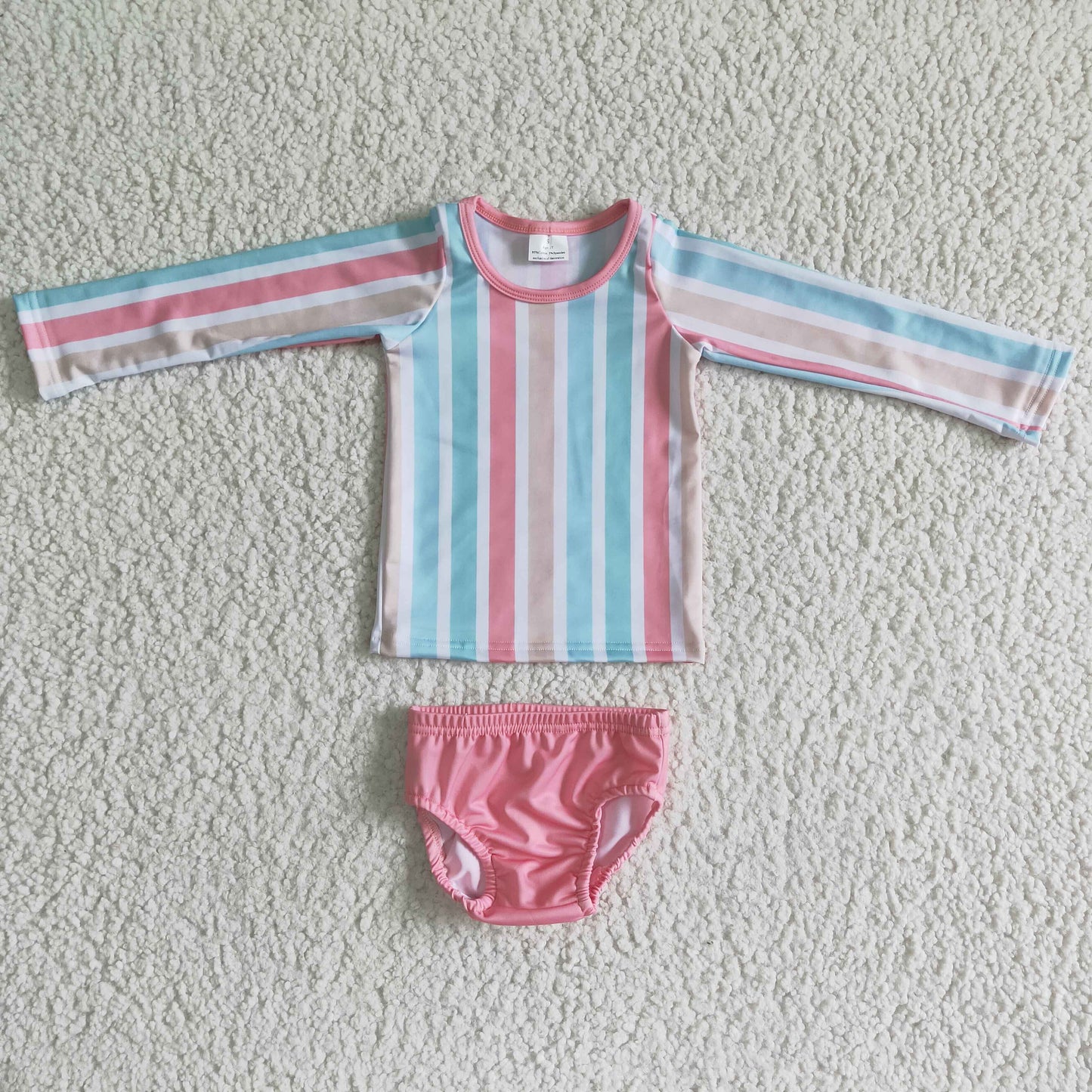 Pink colorful stripe long sleeve baby girls summer swimsuit