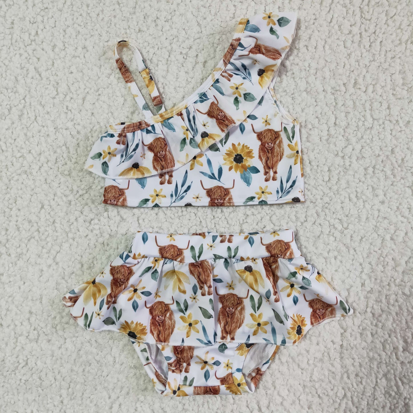 Yellow floral highland cow girls summer swimsuit