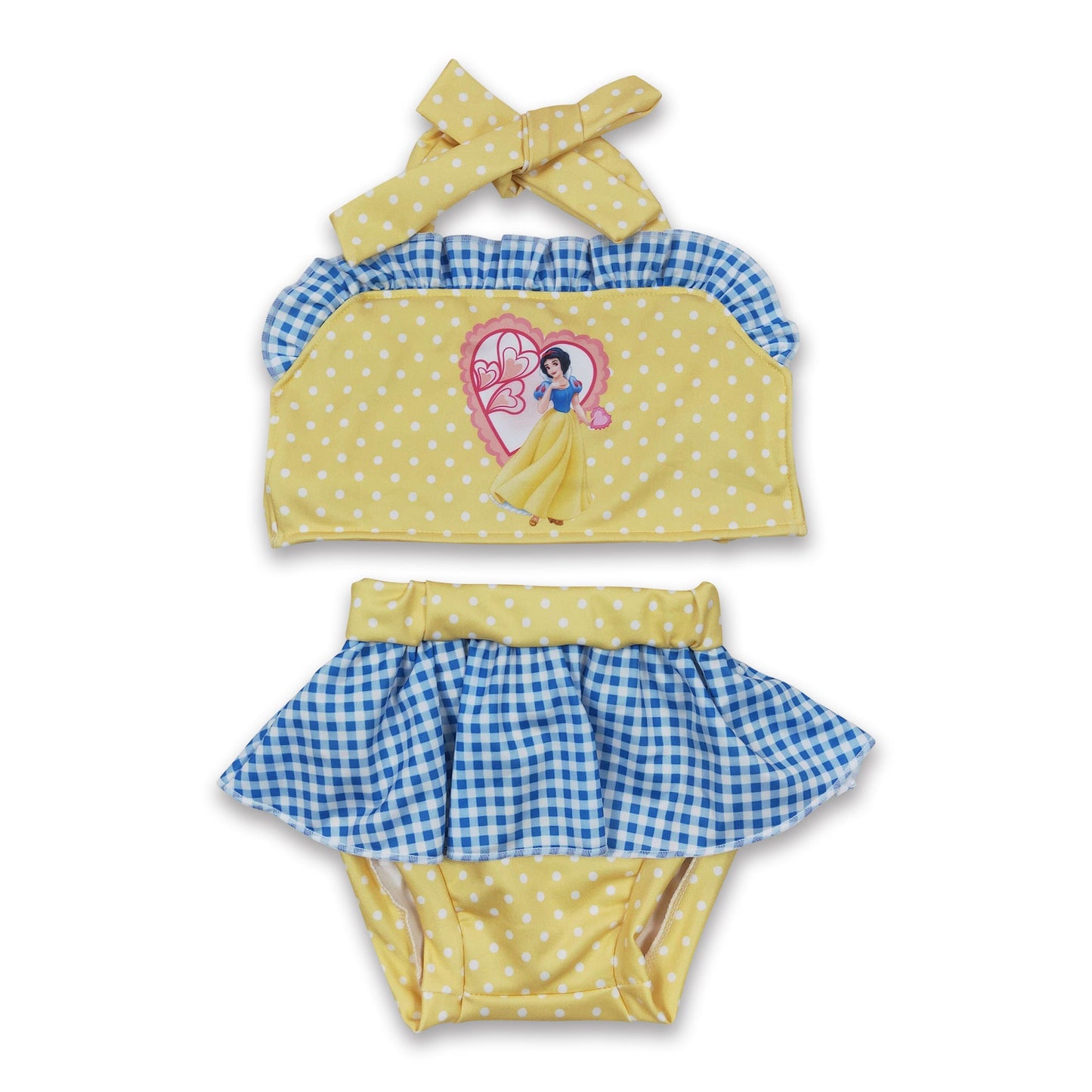 Yellow blue polka dots princess baby girls summer swimsuit