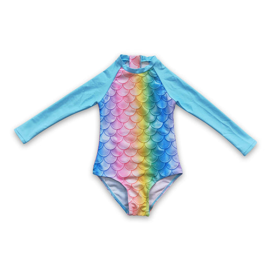 Colorful mermaid scale long sleeves lining girls swimsuit