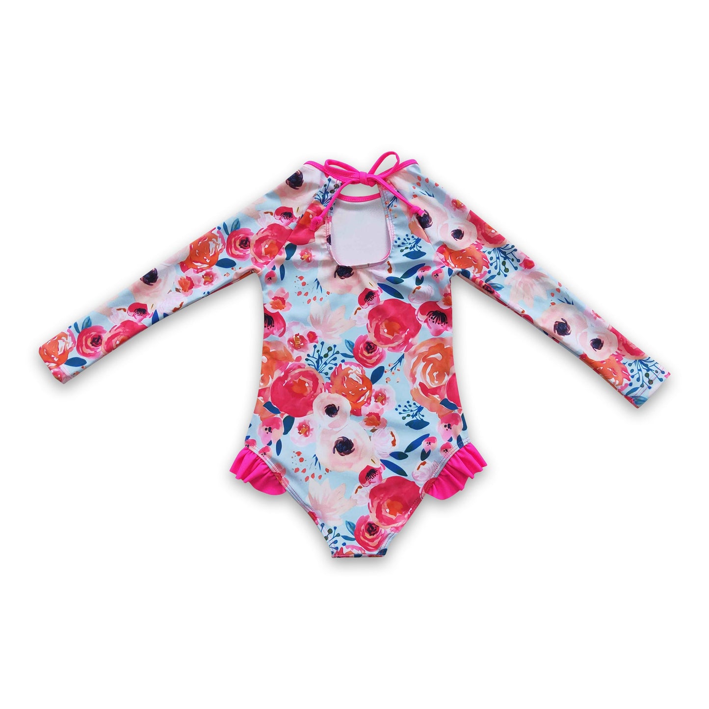 Long sleeves pink floral baby girls swimsuit