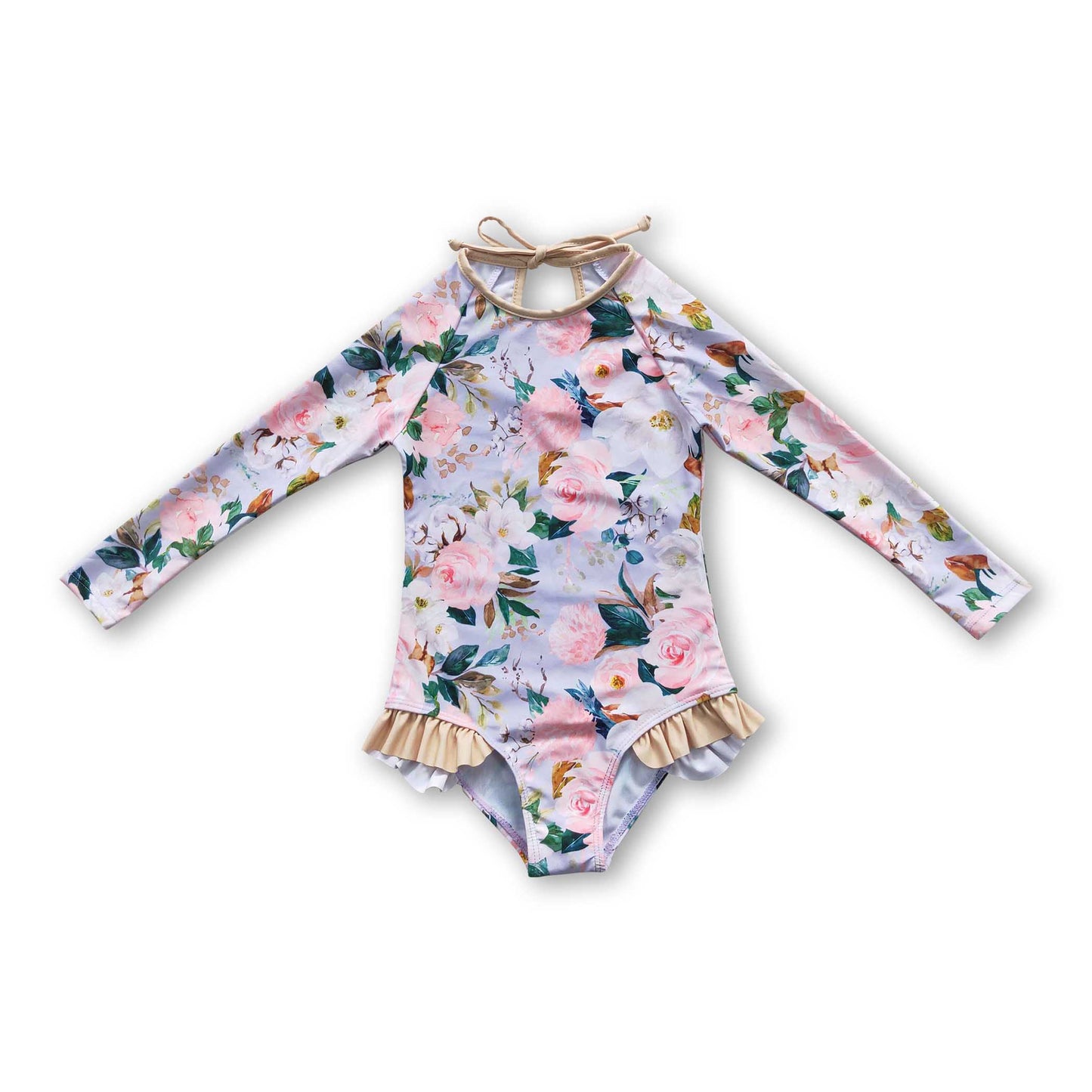 Long sleeves khaki floral lining baby girls swimsuit