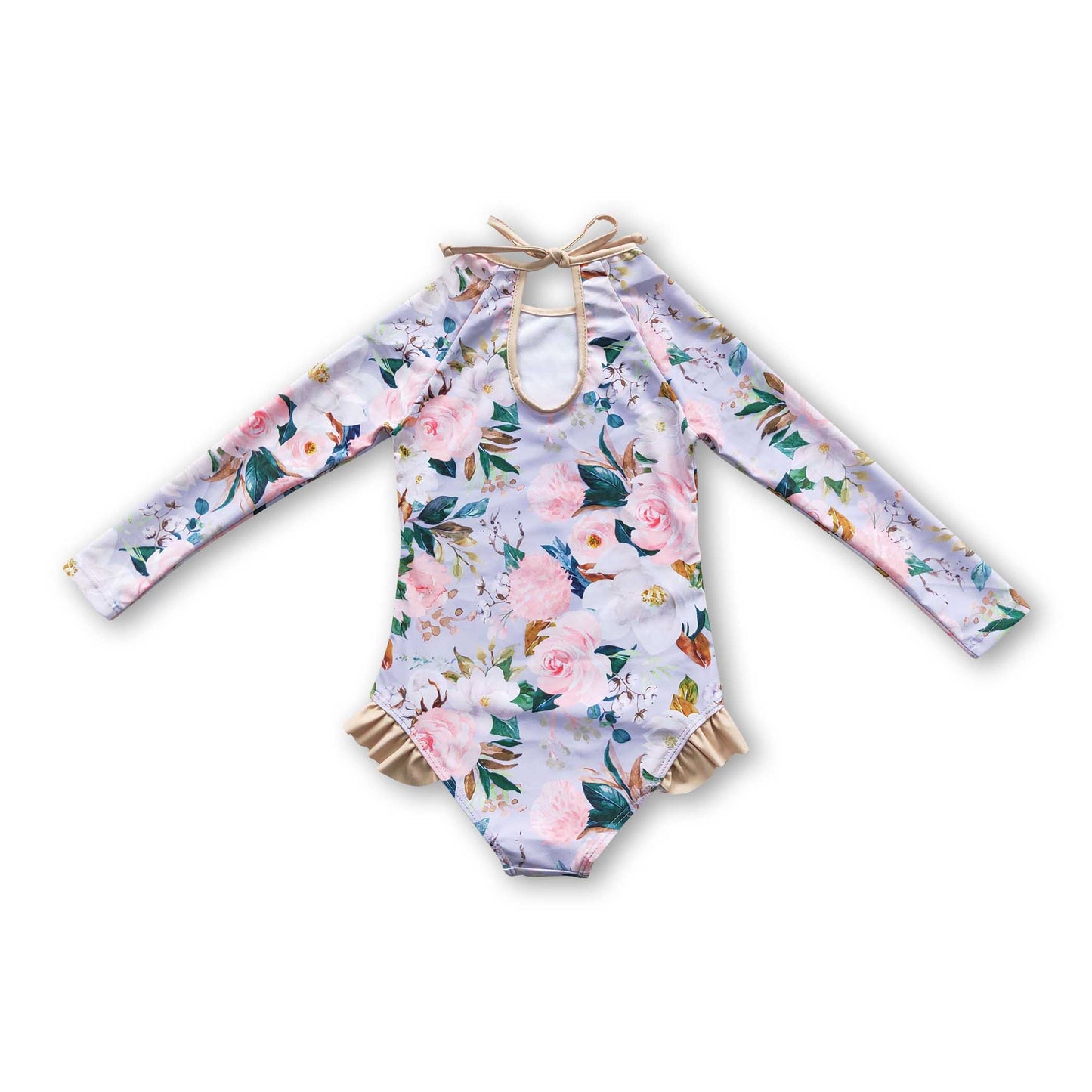 Long sleeves khaki floral lining baby girls swimsuit