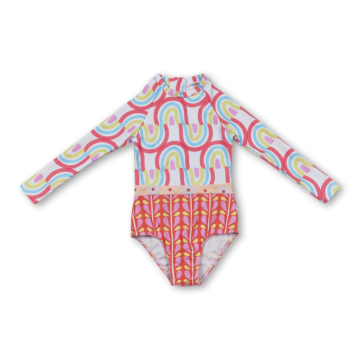 Rainbow long sleeves one pc lining girls swimsuits