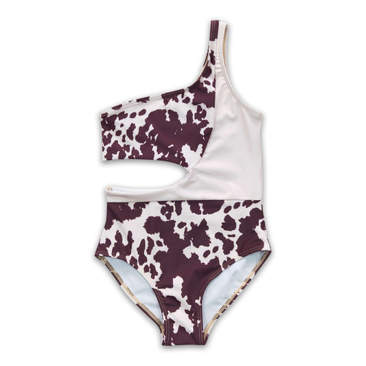 One shoulder cow print lining baby girls one pc swimsuit
