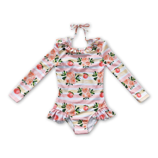 Long sleeves peach floral baby girls lining swimsuit