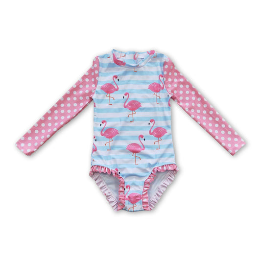 Long sleeves flamingo baby girls lining swimsuit