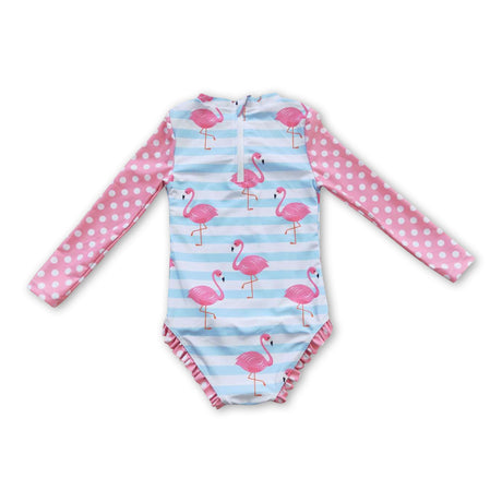 Long sleeves flamingo baby girls lining swimsuit