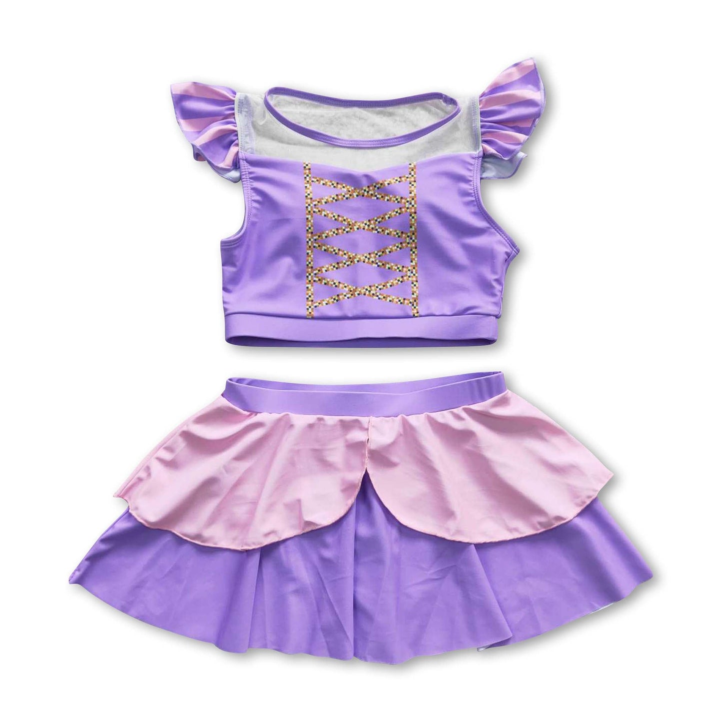 Lavender pink 2 pcs lining princess girls swimsuit