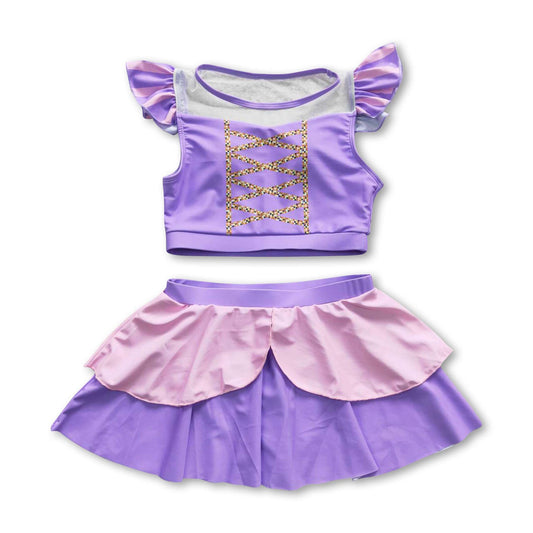 Lavender pink 2 pcs lining princess girls swimsuit