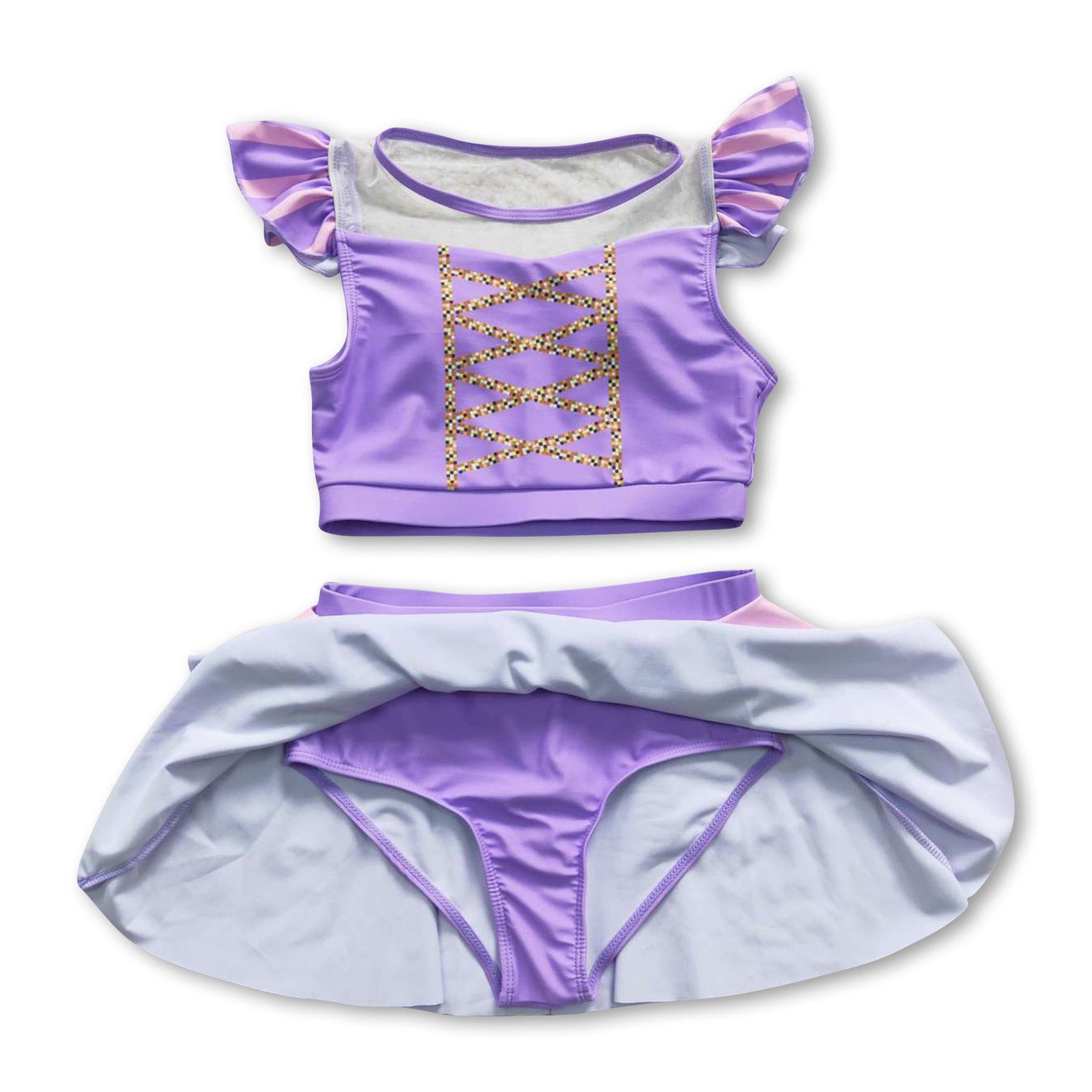 Lavender pink 2 pcs lining princess girls swimsuit