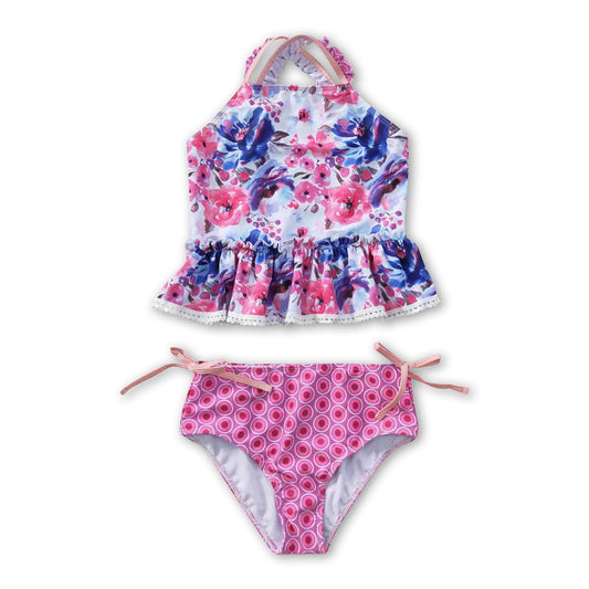 Hot pink blue floral 2 pcs kids girls swimsuit