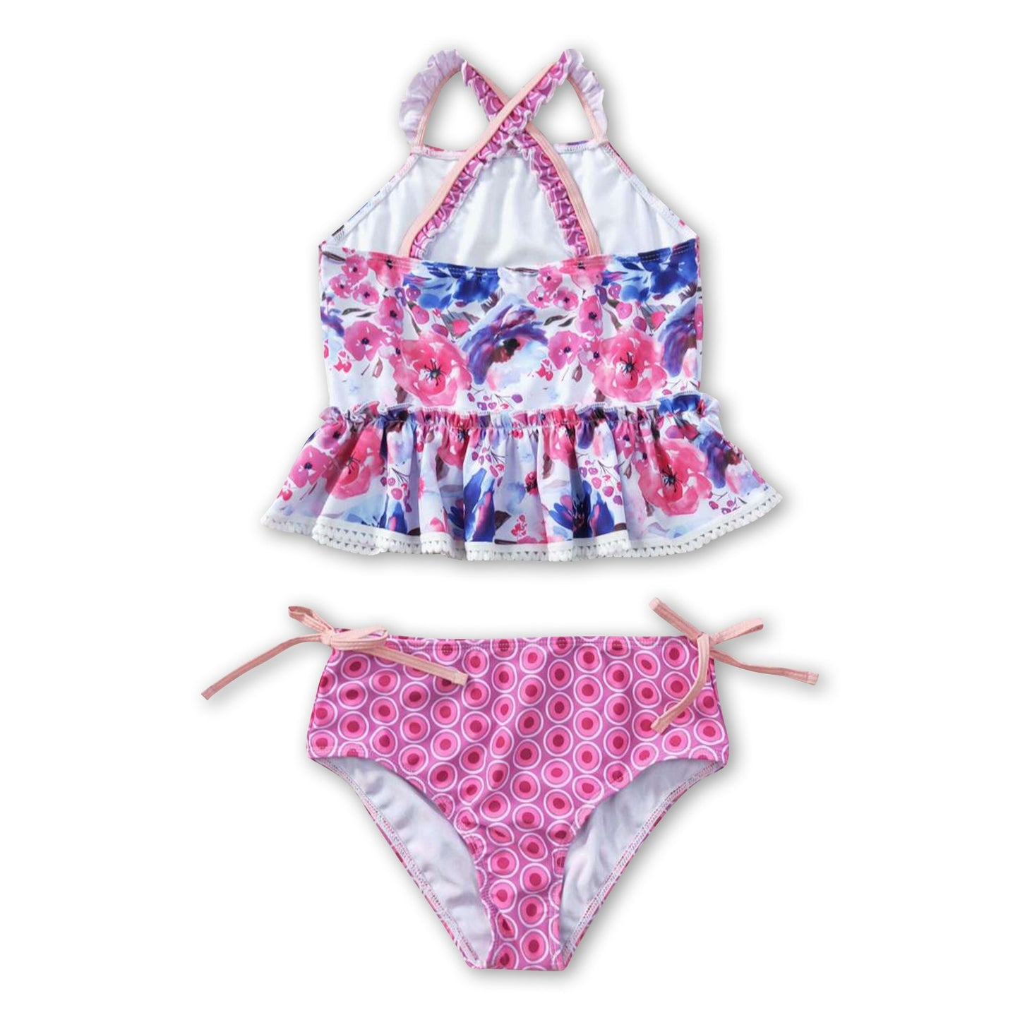 Hot pink blue floral 2 pcs kids girls swimsuit