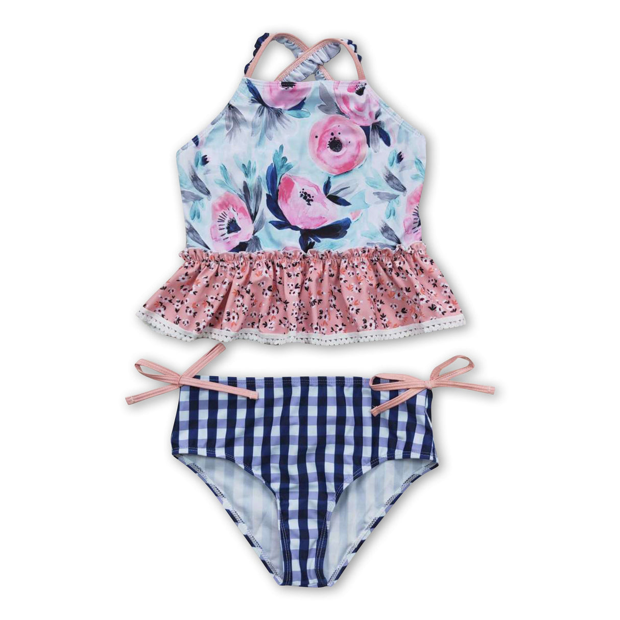 Floral navy plaid 2 pcs kids girls swimsuit