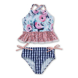 Floral navy plaid 2 pcs kids girls swimsuit