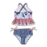 Floral navy plaid 2 pcs kids girls swimsuit
