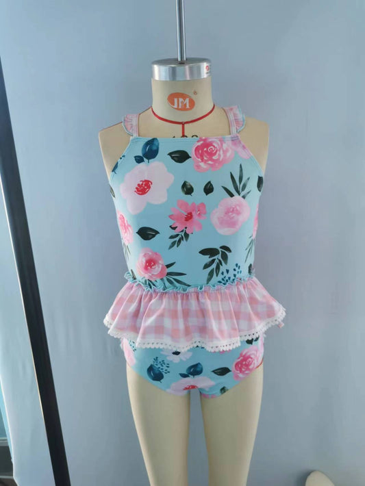 Floral pink plaid ruffle 2 pcs baby girls summer swimsuit