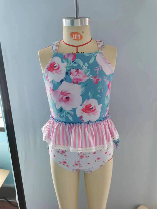 Floral pink stripe ruffle 2 pcs baby girls summer swimsuit