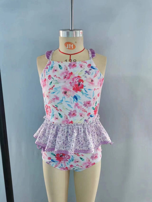 Floral lavender ruffle 2 pcs baby girls summer swimsuit
