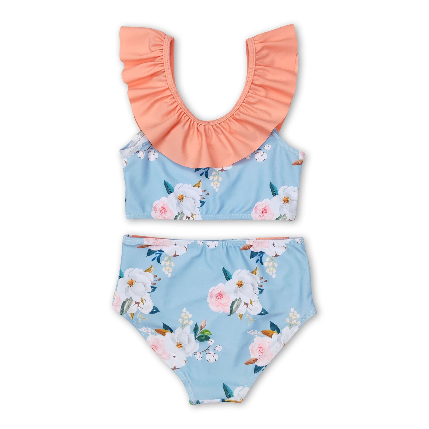 Peach ruffle floral 2 pcs girls summer swimsuit