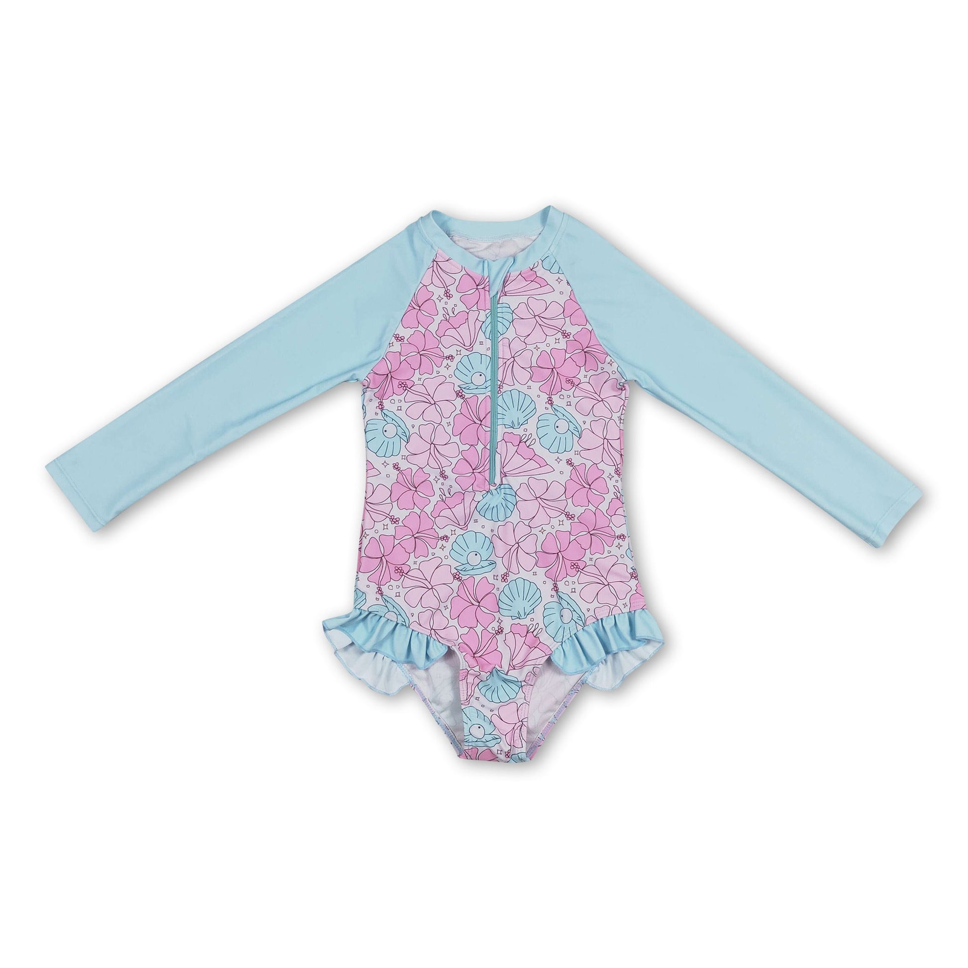 Long sleeves pink light blue shell pearl girls swimsuit – Yawoo Garments